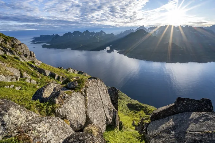 Framed Print : View of Fjord Raftsund and mountains in the evening light