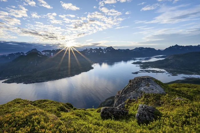 Framed Print : View of Fjord Raftsund and mountains in the evening light
