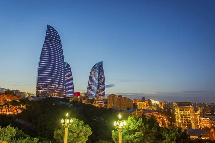 Framed Print : View to Flame towers, landmark of Baku, Azerbaijan