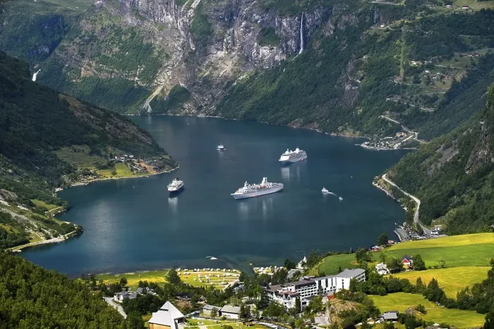 Framed Print : View from the Flydalsjuvet lookout on three cruise ships in the Geirangerfjord
