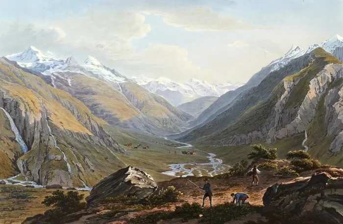 Framed Print : View from the foot of the Lukmanier, Swiss mountain pass, to Sainte Marie and the valley of Medels, Switzerland, view around 1830, digitally restored reproduction of a 19th century model by Johann Ludwig Bleuler (12 February 1792 - 28 March 1850)