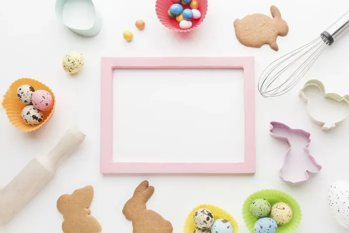Framed Print : Top view frame with easter bunny cookies kitchen utensils Framed Print : Top view frame with easter bunny cookies kitchen utensils