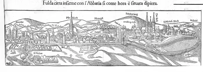 Framed Print : View of Fulda around 1550, Hesse, Germany, reproduction from a model from that time, historical, digitally enhanced, Europe