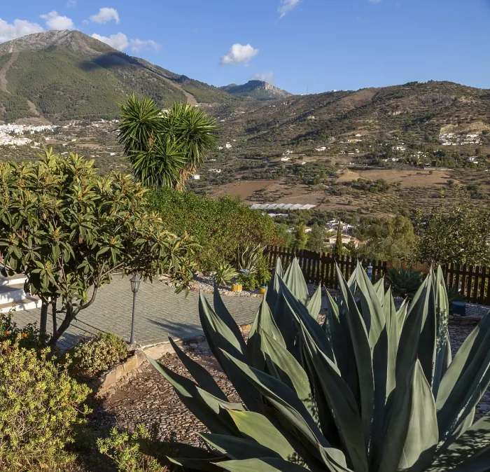 Framed Print : View over garden small hotel view to Alcaucin vitally and Maroma mountain upper left