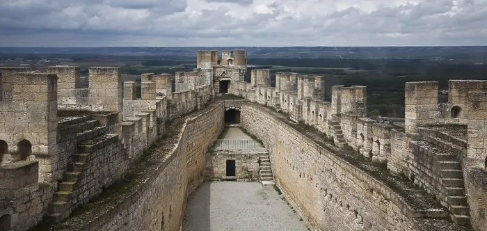 Framed Print : View from the keep halfway up into the western inner courtyard