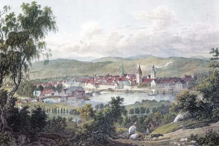 Framed Print : View of Hamelin, about 1830, historic cityscape