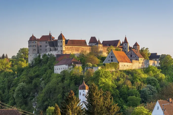 Framed Print : View of Harburg Castle in the evening light