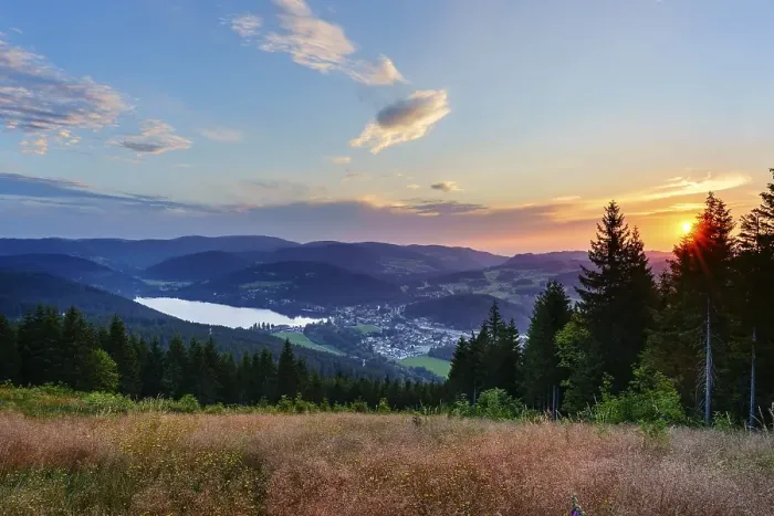 Framed Print : View from Hochfirst to Lake Titisee and Feldberg mountain at sunset
