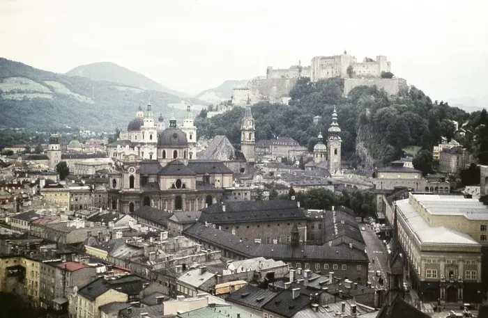 Framed Print : View of Hohensalzburg Castle from the roofs of historic buildings, Salzburg, Austria, Europe 1960, Europe Framed Print : View of Hohensalzburg Castle from the roofs of historic buildings, Salzburg, Austria, Europe 1960, Europe