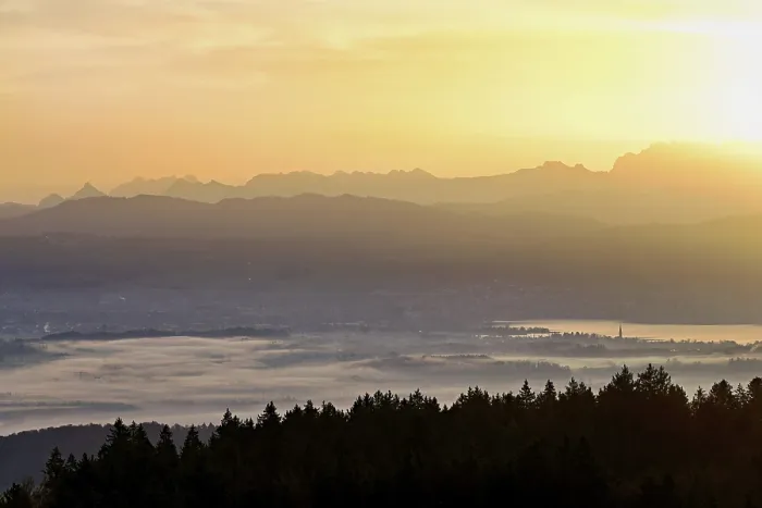 Framed Print : View from Horben of Lake Zug with the city of Cham and Zug covered in fog