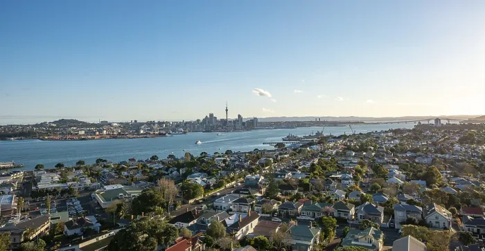 Framed Print : View over the houses of Devonport to the skyline of Auckland with Sky Tower