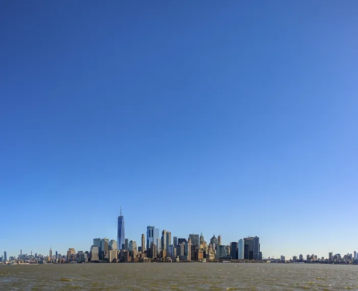Framed Print : View from Hudson River to the skyline of Lower Manhattan with skyscrapers