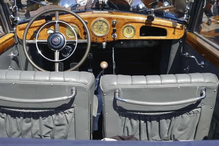 Framed Print : View of the interior of a vintage car with wooden elements and classic steering wheel Framed Print : View of the interior of a vintage car with wooden elements and classic steering wheel