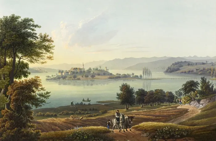 Framed Print : View of the island of Mainau in Lake Constance, Germany, view around 1830, digitally restored reproduction of a 19th century model by Johann Ludwig Bleuler (12 February 1792 - 28 March 1850), Swiss draughtsman and painter, Europe