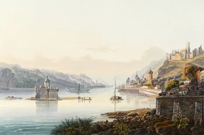 Framed Print : View from Kaub on the Rhine to the ruins of Schoenberg and Gutenfels, Rhineland-Palatinate, Germany, view around 1830, digitally restored reproduction of a 19th century model by Johann Ludwig Bleuler (12 February 1792 - 28 March 1850)