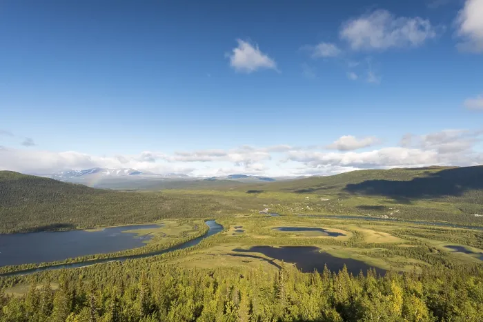 Framed Print : View of Kvikkjokk, river and mountains belonging to Tarraatno Sarek National Parks