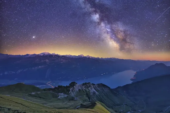 Framed Print : View of Lake Brienz with starry sky and Milky Way from Brienzer Rothorn