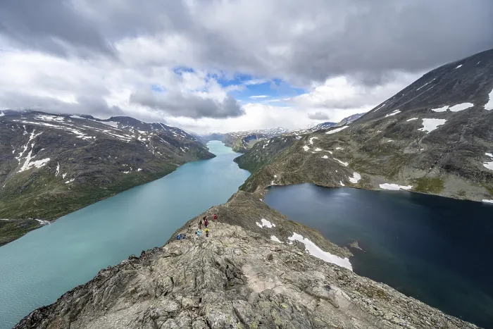 Framed Print : View of Lake Gjende, Lake Bessvatnet and mountains