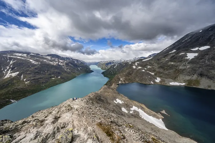 Framed Print : View of Lake Gjende, Lake Bessvatnet and mountains