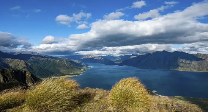 Framed Print : View of Lake Hawea, lake and mountain landscape