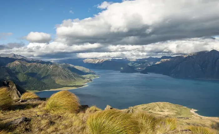 Framed Print : View of Lake Hawea, lake and mountain landscape