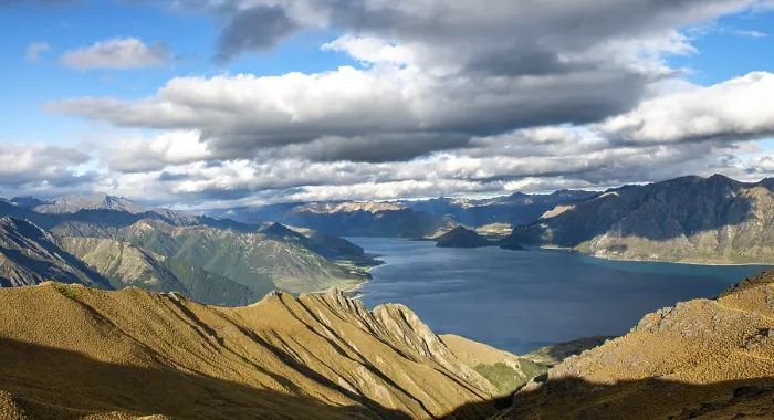 Framed Print : View of Lake Hawea, lake and mountain landscape