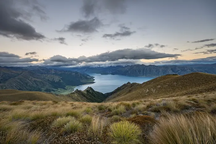 Framed Print : View of Lake Hawea at sunset, lake and mountain landscape