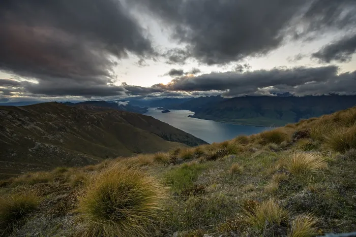 Framed Print : View of Lake Wanaka at sunset, lake and mountain landscape