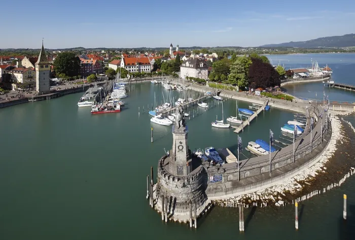 Framed Print : View from the lighthouse across the harbour with the Bavarian Lion