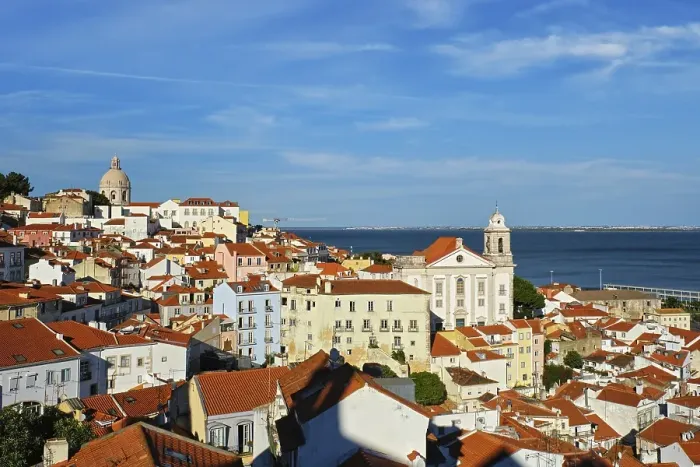 Framed Print : View of Lisbon famous postcard iconic view from Miradouro de Santa Luzia tourist viewpoint over Alfama old city