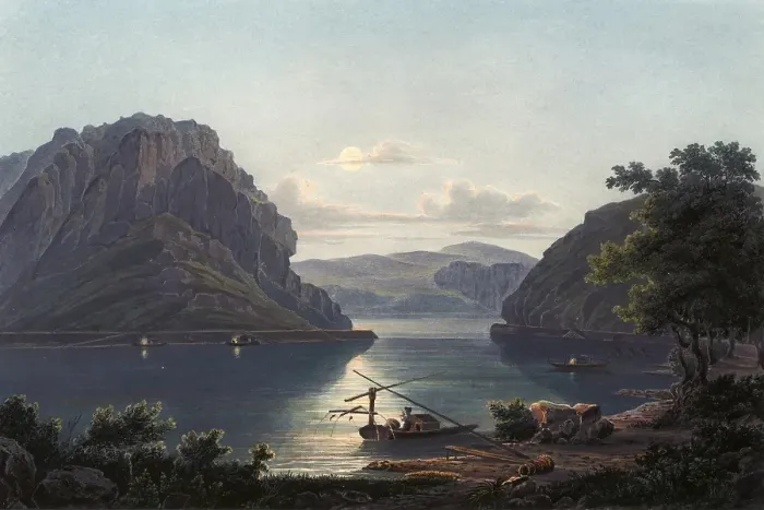 Framed Print : View of the Loreley rocks and the salmon fishery on the Rhine, Rhineland-Palatinate, Germany, view from around 1830, digitally restored reproduction of a 19th century model by Johann Ludwig Bleuler (12 February 1792 - 28 March 1850)