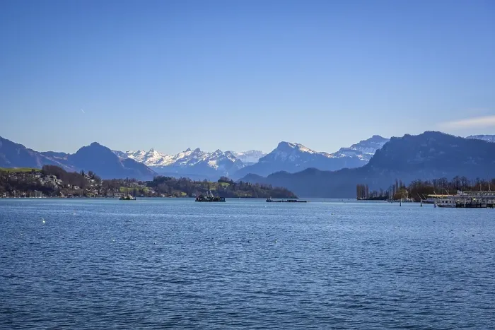 Framed Print : View from Luzerner Quai to Lake Lucerne with mountain panorama