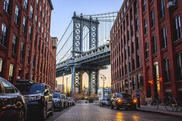 Framed Print : View from Main Street to Manhattan Bridge and Empire State Building Framed Print : View from Main Street to Manhattan Bridge and Empire State Building