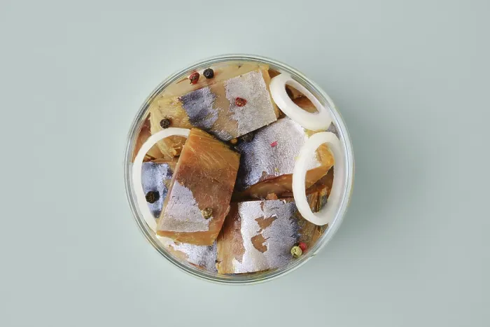 Framed Print : Top view of marinated mackerel in a glass jar