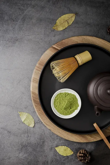 Framed Print : top view matcha tea powder bamboo whisk