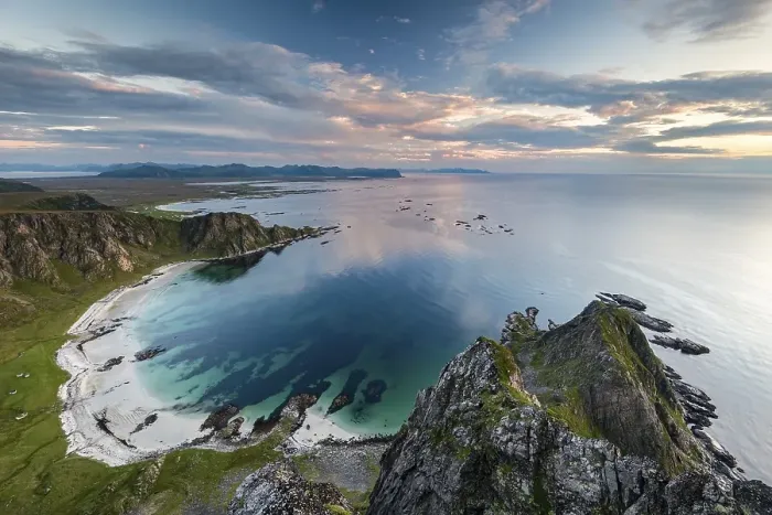 Framed Print : View from Matinden Mountain to sandy beach and rocky coast