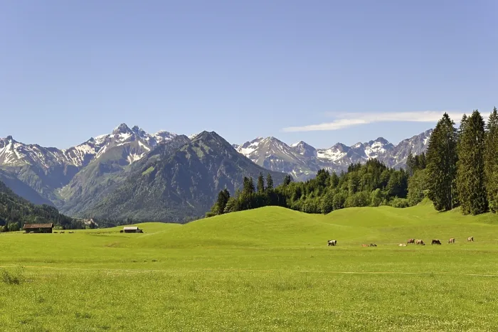 Framed Print : View from the meadows near the village Reichenbach to the mountain panorama of the Allgaeu Alps