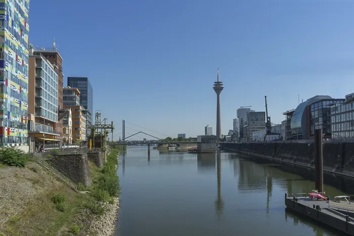 Framed Print : View from Media Harbour in the german city Duesseldorf with blue sky