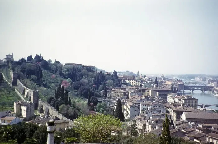 Framed Print : View over the medieval city wall with historic buildings and the Ponte Vecchio bridge over the river Arno, Florence, Tuscany, Italy 1957 Framed Print : View over the medieval city wall with historic buildings and the Ponte Vecchio bridge over the river Arno, Florence, Tuscany, Italy 1957