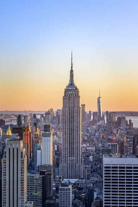 Framed Print : View of Midtown and Downtown Manhattan and Empire State Building from Top of the Rock Observation Center at sunset