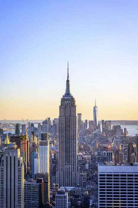 Framed Print : View of Midtown and Downtown Manhattan and Empire State Building from Top of the Rock Observation Center at sunset