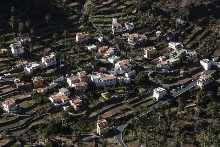 Framed Print : View from Mirador Cesar Manrique onto terraced fields and houses of Los Reyes