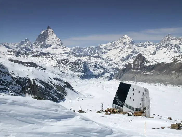 Framed Print : view of the Monte Rosa mountain hut and Gorner Glacier with the Matterhorn behind in the Valais region above Zermatt