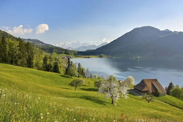 Framed Print : View of Morgarten at Lake Aegeri Framed Print : View of Morgarten at Lake Aegeri
