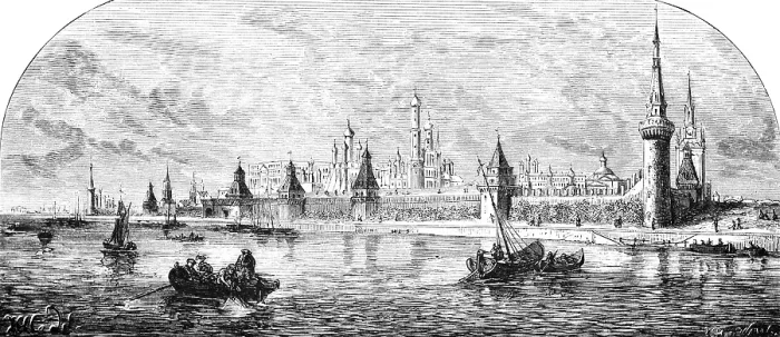 Framed Print : View across the Moskva River to the Kremlin in Moscow, capital with seat of government, city wall with towers, political centre, rowing boats, sailing ships, geography, Russia, historical illustration 1888, Europe