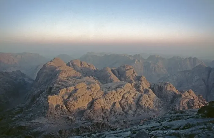 Framed Print : View from Mount Sinai to neighbouring mountains, Sinai Peninsula, Egypt, September 1989, vintage, retro, old, historical, Africa