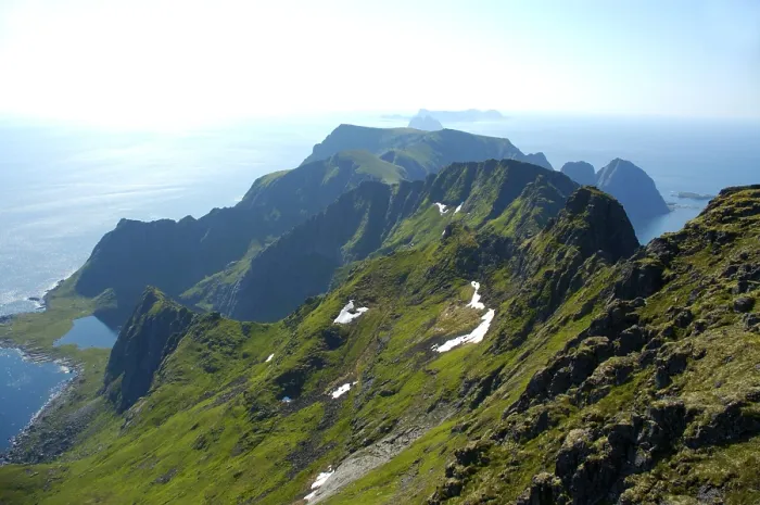 Framed Print : View from mountain Mannen over mountains and the sea Moskenesoya Lofoten Norway