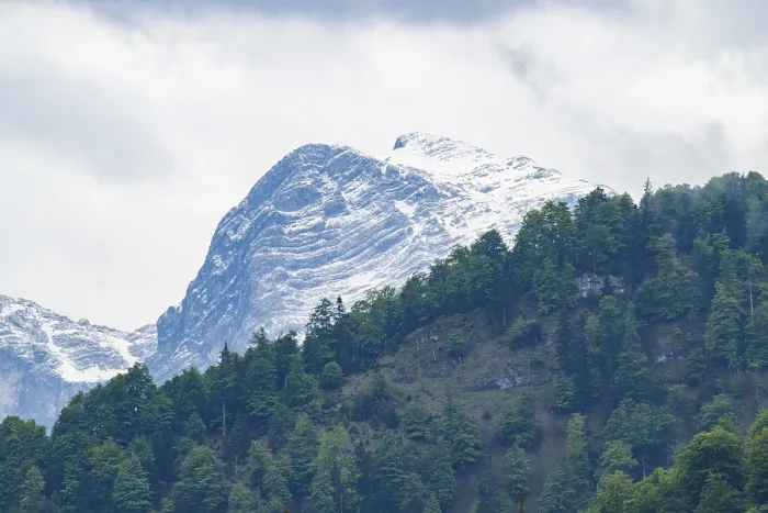Framed Print : View into the mountains next to Lake Almsee on a rainy day in spring