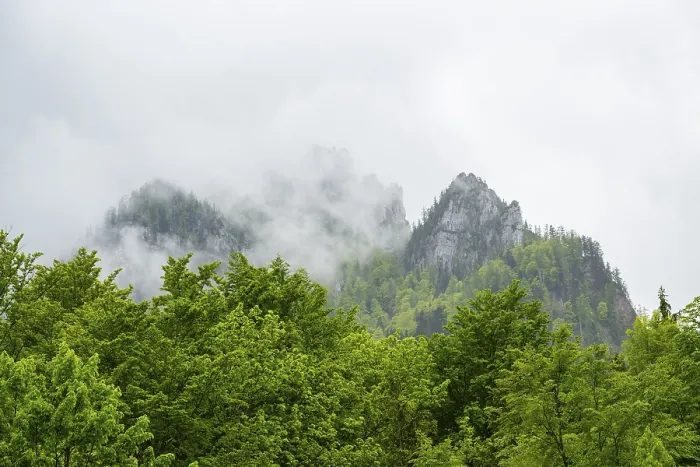 Framed Print : View into the mountains next to Lake Offensee on a rainy day in spring