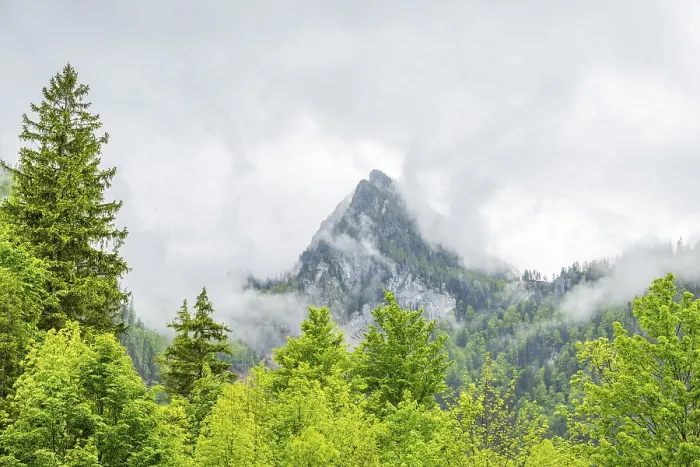 Framed Print : View into the mountains next to Lake Offensee on a rainy day in spring Framed Print : View into the mountains next to Lake Offensee on a rainy day in spring